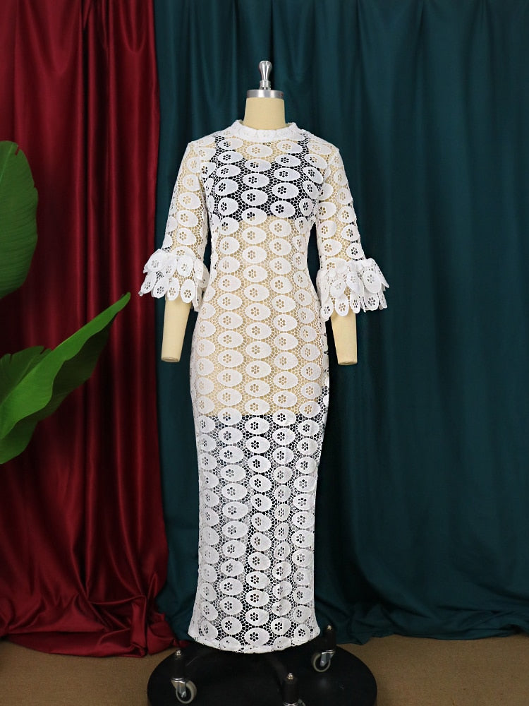 Aovica African Women Dresses Dashiki Elegant Maxi Long White Lace Hollow Out Muslim Fashion Abayas Robe Abaya Dubai Luxe Party Clothes