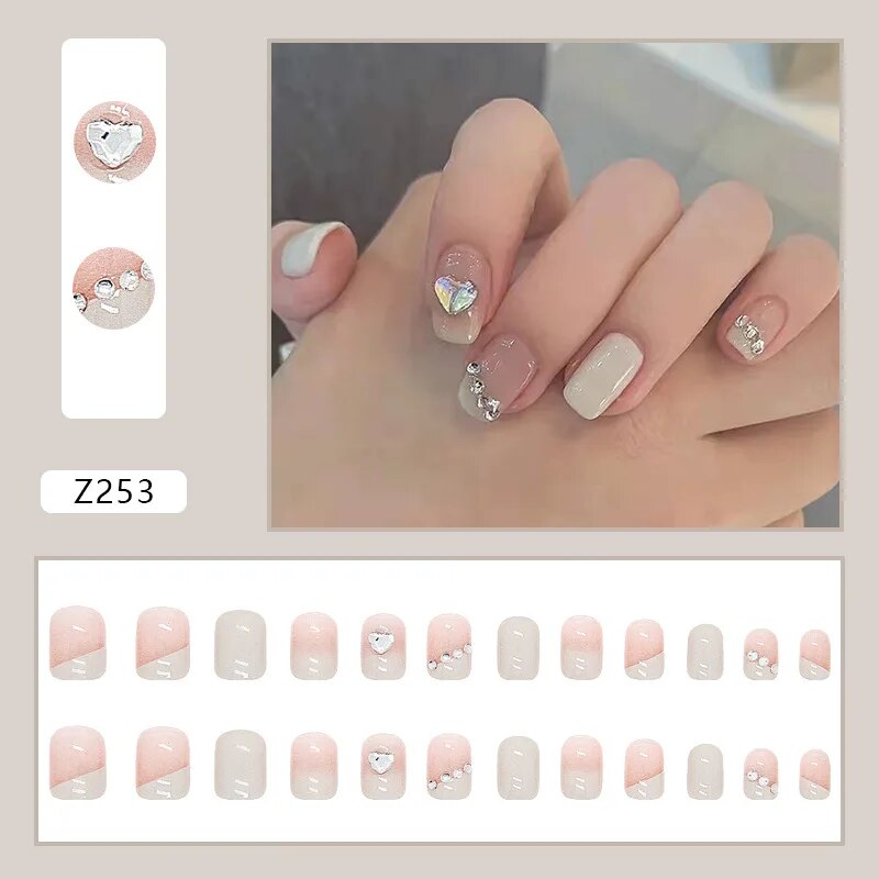 Aovica- 24Pcs/Set Short Square Fake Nails Heart Diamonds Nail Arts Manicure False Nails With Design With Wearing Tool