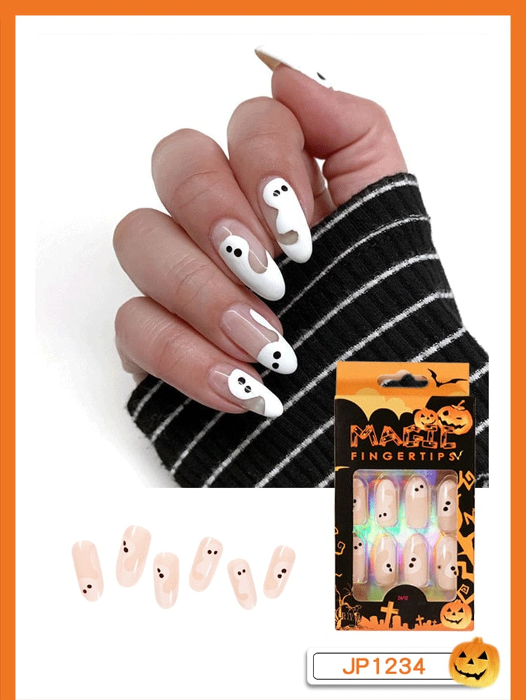 Christmas Aovica False Nails Press On Set Almond Black Ghost Design Long Fake Nail Pumpkin Pressure Decorated Adhesive Nail Tips 24Pcs