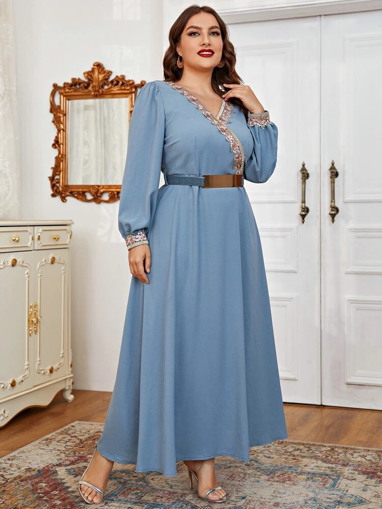 Aovica Plus Size Women Maxi Dress 2023 Turkish Chic And Elegant Outfit Blue Long Sleeves With Belt Floral Appliques Clothing