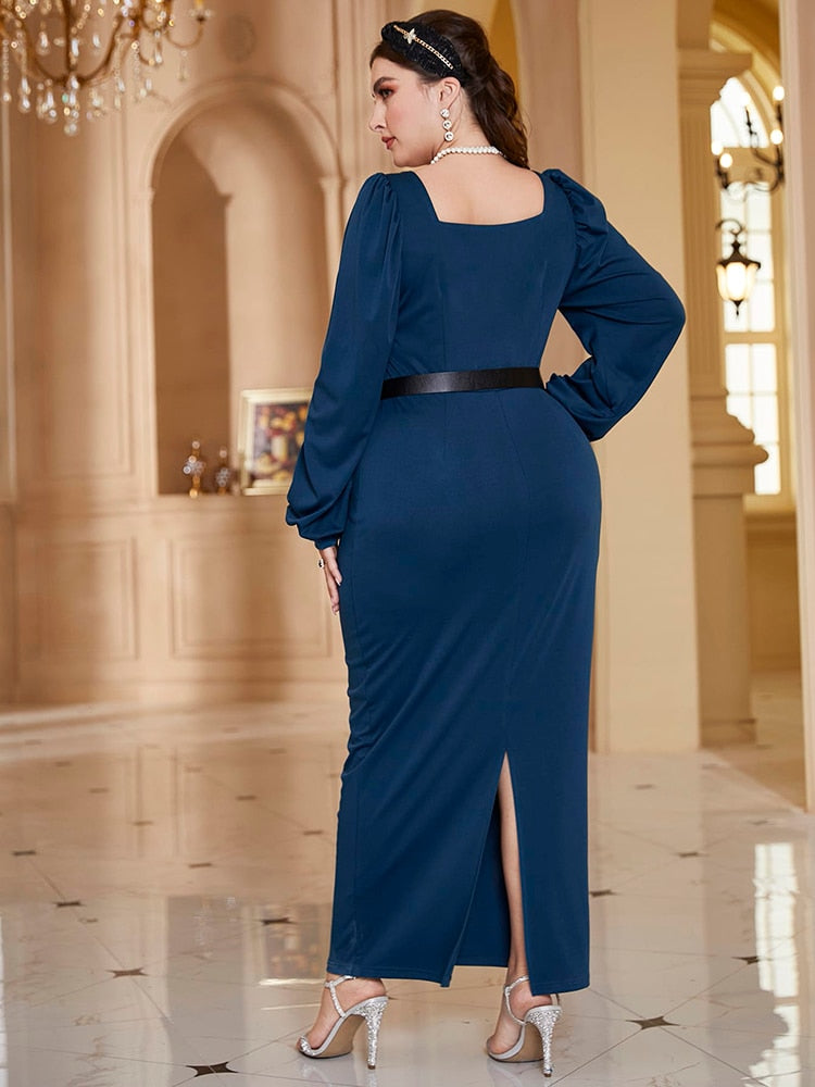 Aovica Solid Blue Plus Size Women Dress 2023 Summer Spring Office Lady Elegant Outfits With Belt Casual Slit Skirt Long Sleeves