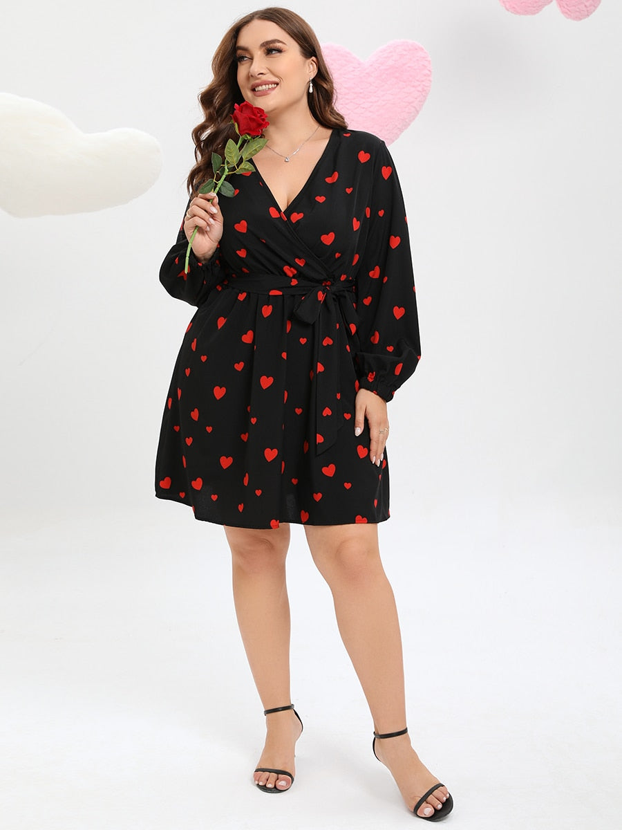 Aovica Plus Size Dresses For Women 2023 Summer Allover Heart Print Belted Midi Dress Elegant Heart Pattern Dress