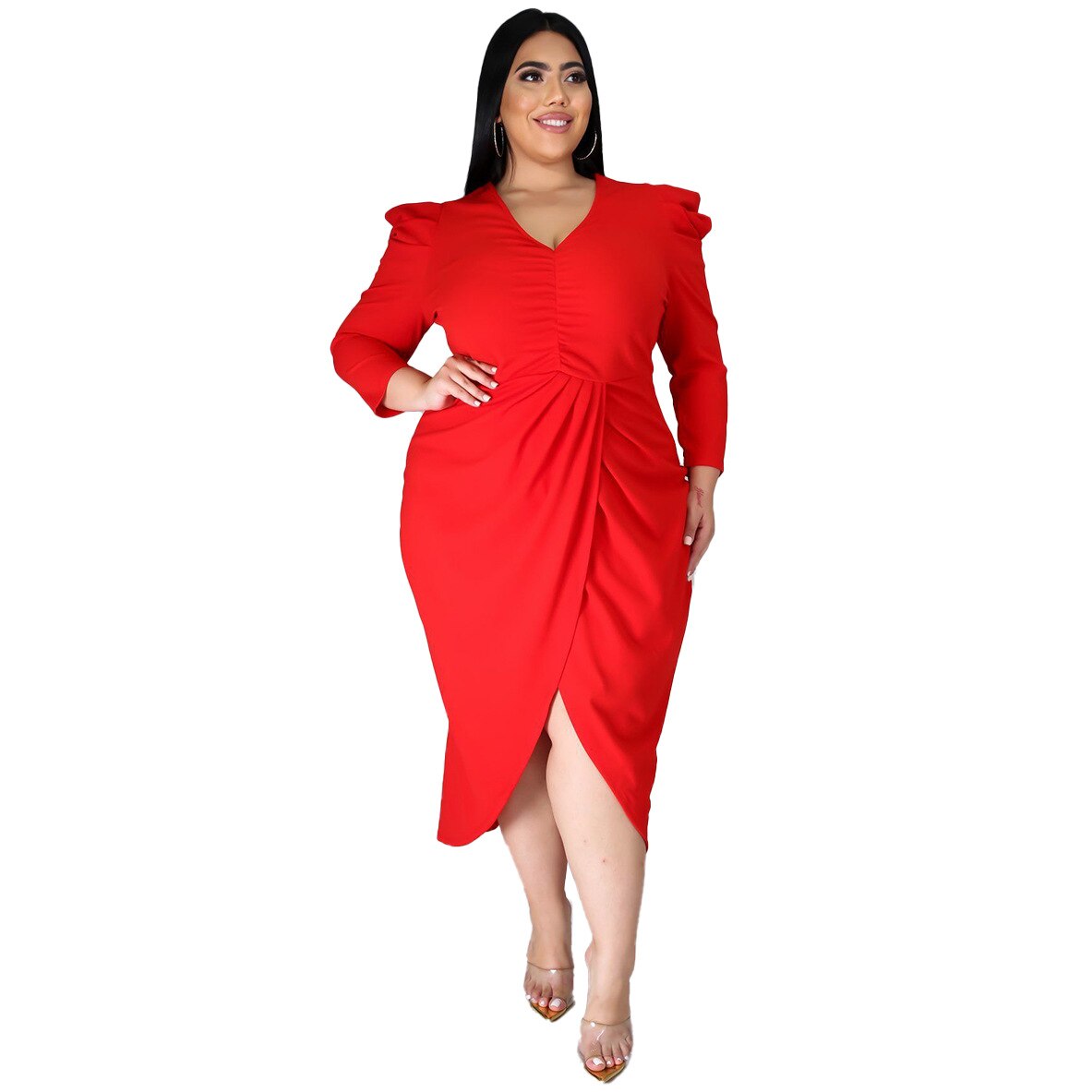 Aovica Plus Size Elegant Fashion Dress For Women Autumn Puff Sleeve Pleated Bodycon Split Mid Vestidos Night Party Robes Office Lady