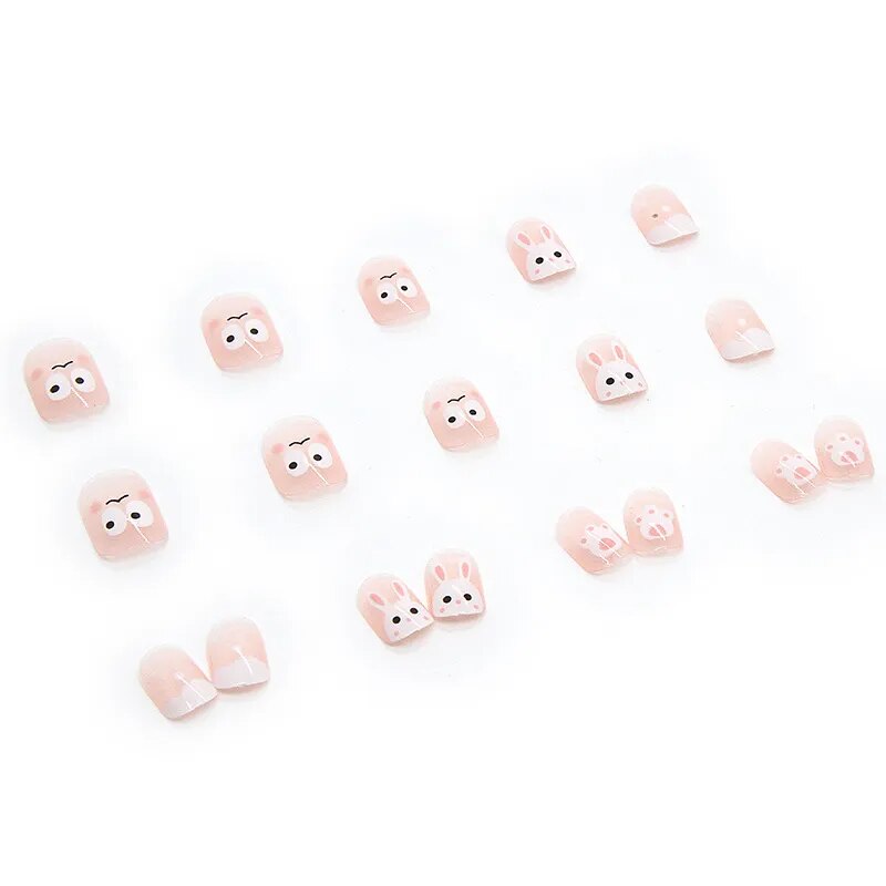 Aovica- 24pcs/box Press On False Nails Cute Bunny Nail Art Wearable Fake Nails Short Square Nails With Wearing Tools As Gift