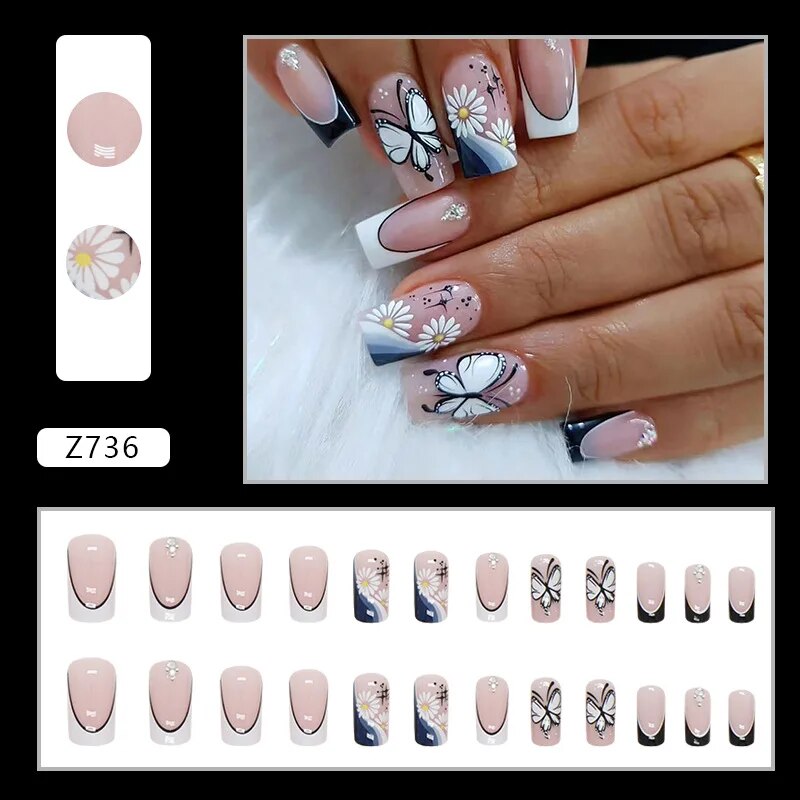 Aovica- 24pcs/Box Gradient Nail Art Patches False Nails Short Square Nail Blue Starry Glitter Teardrop Diamond Fake Nail Tips