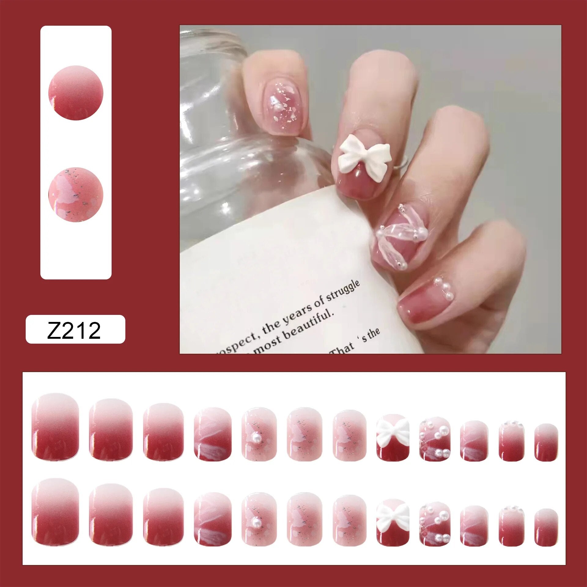 Aovica- 24pcs/box Detachable Fake Nails Set Pink Butterfly Full Nail Art Tips Beauty Nail Artificial False Nails Tips With Wearing Tools