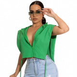 Fashion Street Style Buttons Up Shirt Tops  Summer Women Sleeveless Hooded Collar Solid Irregular Hem Loose Lady Blouse