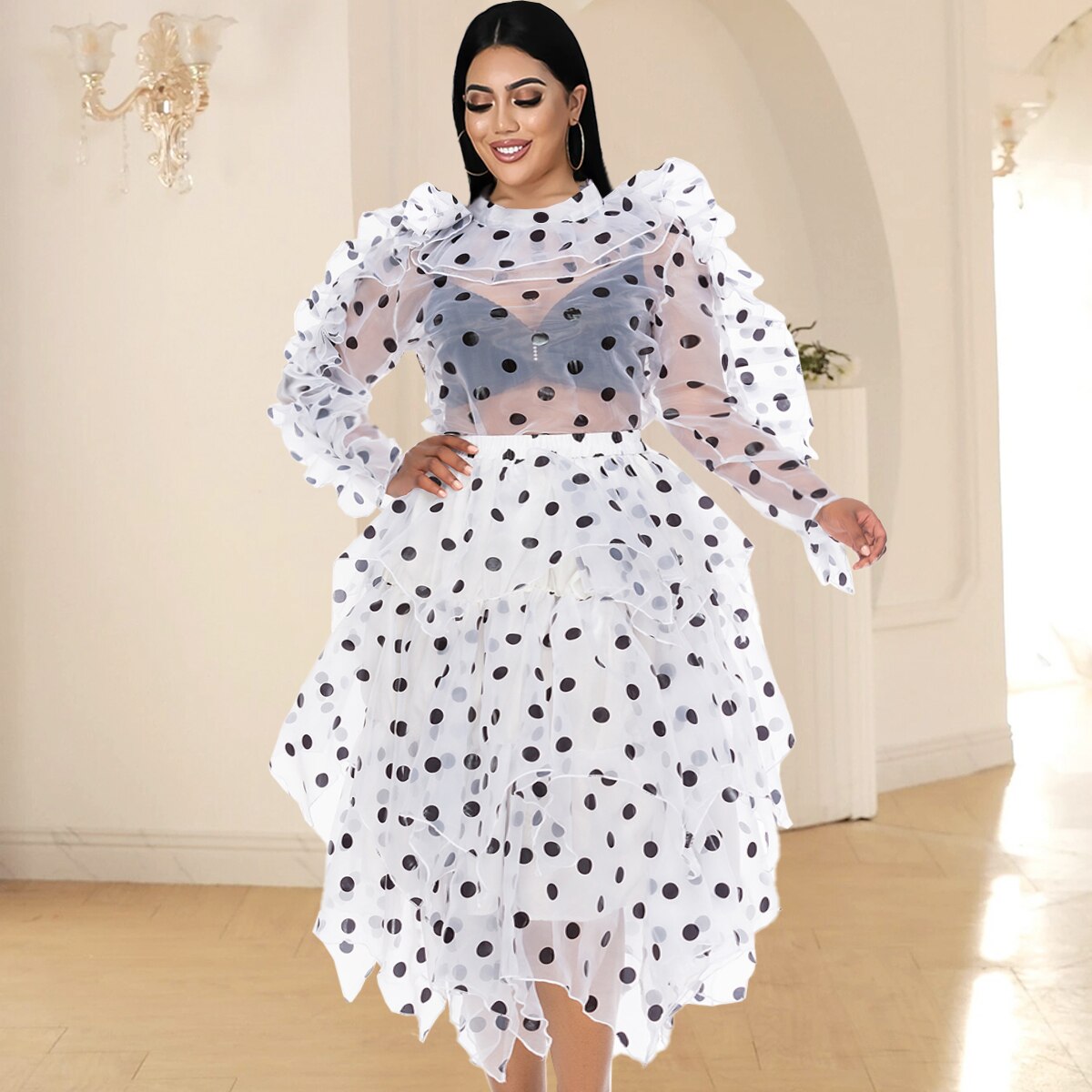 Aovica Aovica Women Plus Size Sets  See Through Two Piece Ruffles Polka Dot Transparent Long Sleeve Tops and Skirts Suits for Party Event