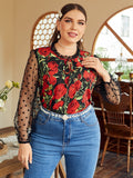 Aovica Office Lady Blouse Plus Size Women Shirt 2023 Summer Floral Rose Print Hollow Out Outfits Causal Daily Oversize Clothing