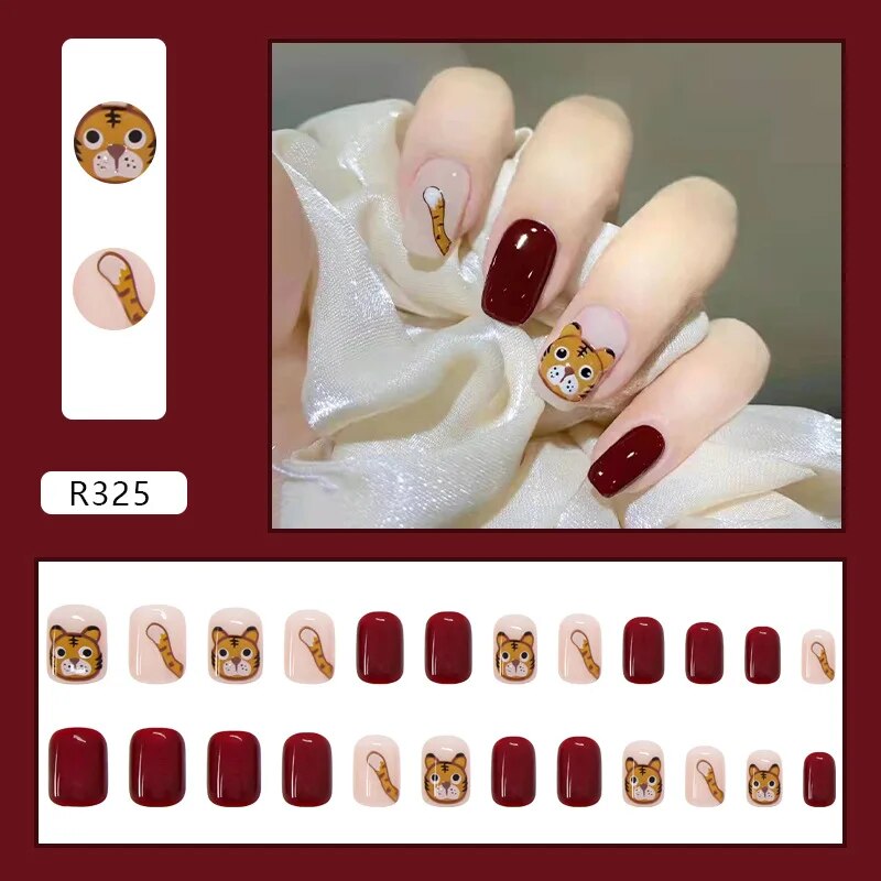 Aovica- 24Pcs Short Square False Nail With Sticker Cute Tiger Wearable Artificial Fake Nails DIY Full Cover Tips Manicure Tool