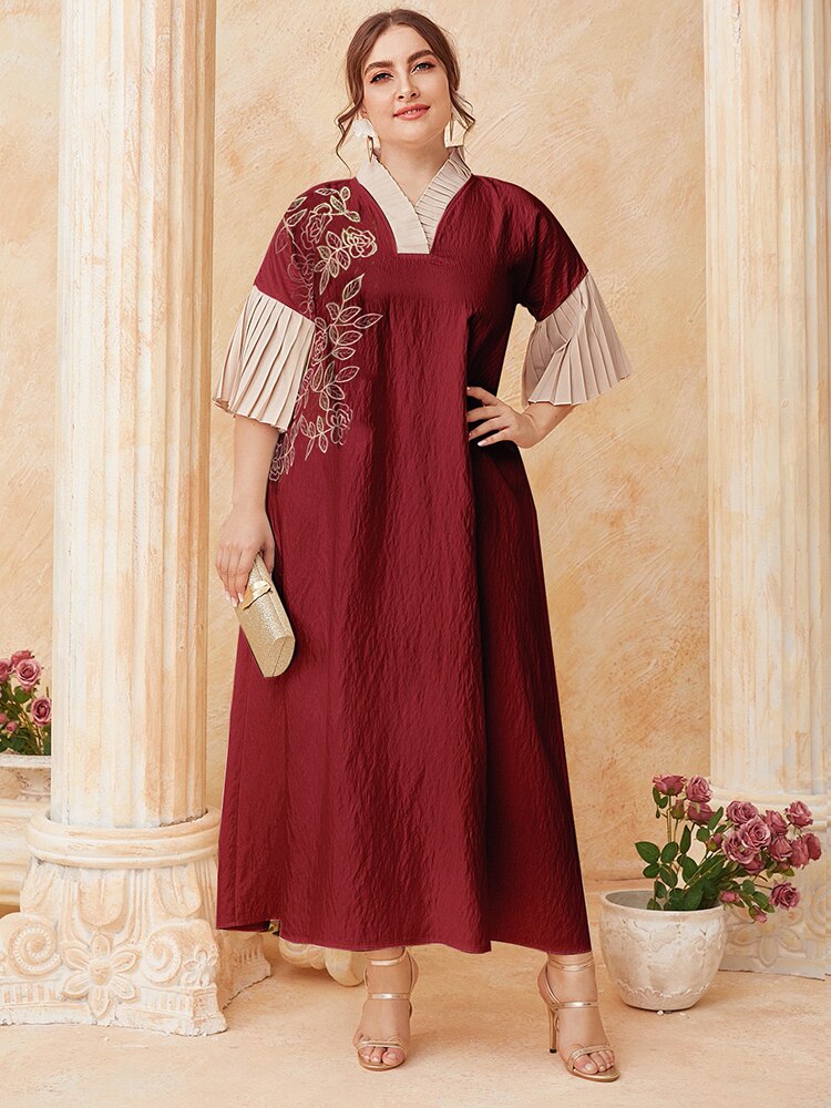Aovica Plus Size Luxury Elegant Women Dress Vintage Embroidery Floral Haft Long Sleeves RED BLUE WHITE Oversized Muslim Clothing