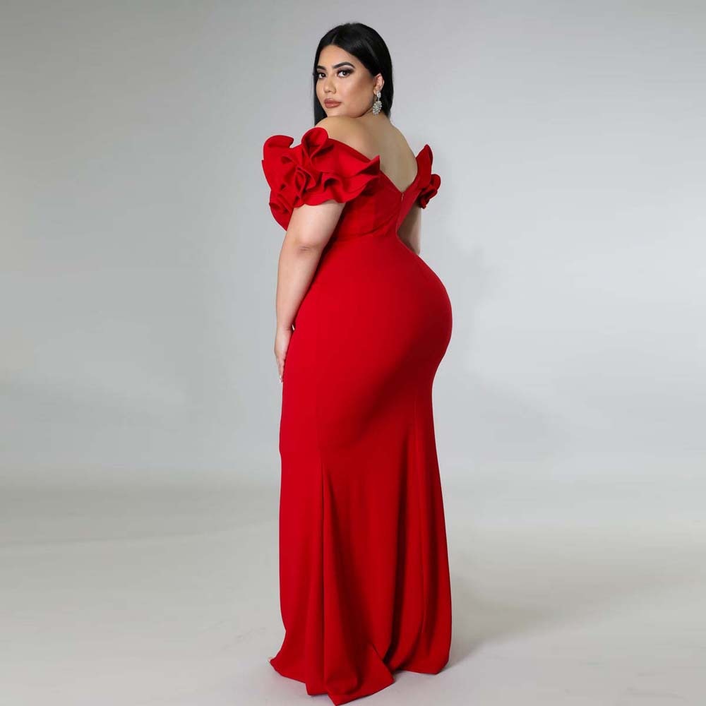 Aovica designer plus size evening dress elegant ruffle red black  backless large sizes women party formal maxi long dresses summer