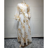 Luxury Gold Embroidery Guipure Lace Mesh Belted Dress Muslim Woman Dress Ramadan Moroccan Islamic Clothes