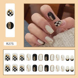 Aovica- 24Pcs Shiny Short Square False Nail With Sticker Black n White Lattice Artificial Fake Nails DIY Full Cover Tips Manicure Tool