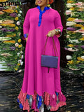 Aovica  2023 Summer Maxi Dress Women Vintage Floral Print Pleated 3/4 Sleeve Patchwork  Dresses V Neck Bohemian Long Vestidos
