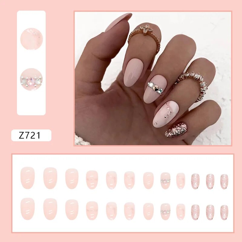 Aovica- 24pcs/Box Gradient Nail Art Patches False Nails Short Square Nail Blue Starry Glitter Teardrop Diamond Fake Nail Tips