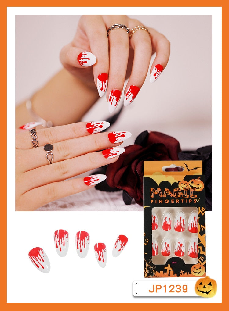 Christmas Aovica False Nails Press On Set Almond Black Ghost Design Long Fake Nail Pumpkin Pressure Decorated Adhesive Nail Tips 24Pcs