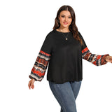 Aovica Plus Size Lantern Sleeve Top Floral Print Women's Clothing Long Sleeve Knit Casual Loose Tee