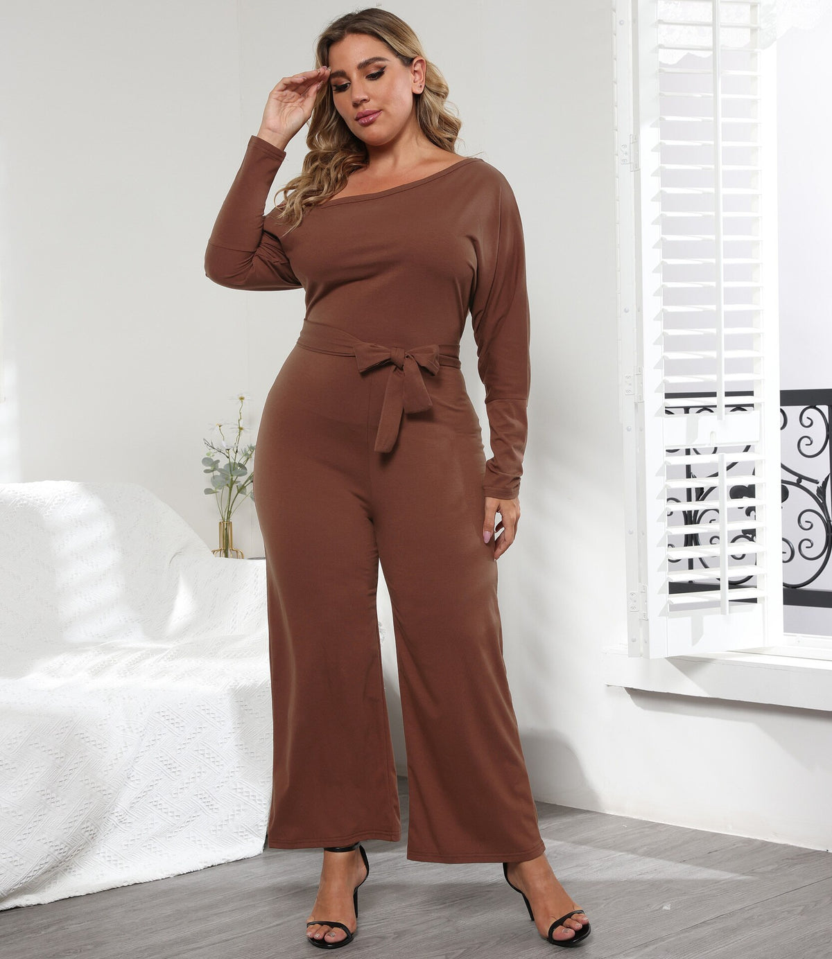 Plus Size Jumpsuit Women Casual Straps Irregular Sloping Shoulder Long Sleeve Jumpsuit Large Size Fashion Solid Color Jumpsuit