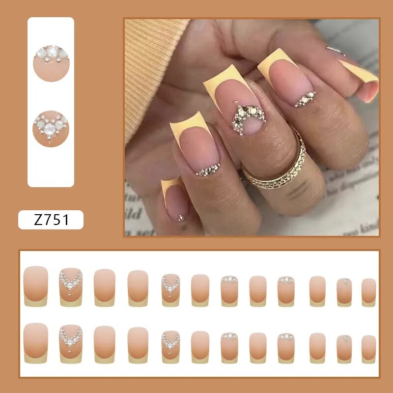 Aovica- 24pcs/Box Gradient Nail Art Patches False Nails Short Square Nail Blue Starry Glitter Teardrop Diamond Fake Nail Tips