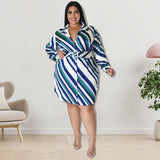 Aovica Plus Size Striped Office Lady Dress With Belt Autumn Long Sleeve Straight Blouse Vestidos Casual Fashion Streetwear Robes