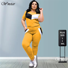 Aovica Plus Size 2 Piece Set Women Tracksuits Patchwork Crop Top Short Sleeve Leggings Jogger Sport Suit Stretch Wholesale Dropshipping