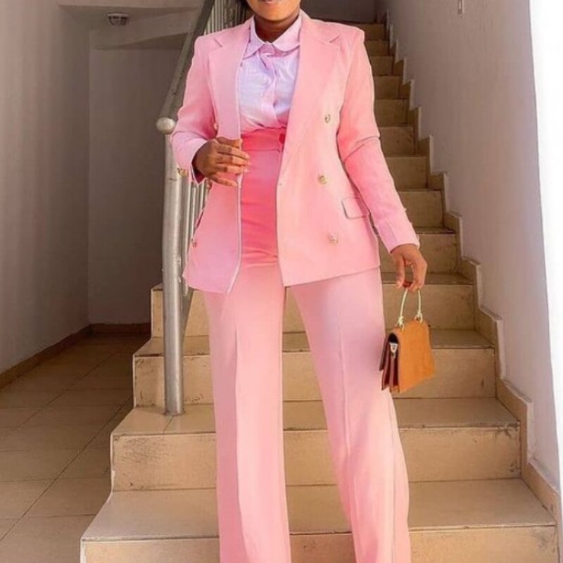 Aovica Business Women Blazer Sets 2 Piece Outfits Pink Jacket Wide Leg Pants Suit Elegant Fall Winter Formal Suits Party Office Clothes