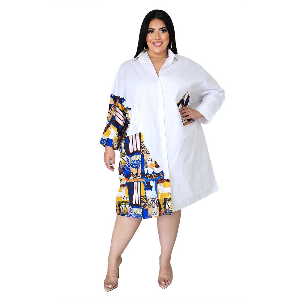 Aovica Plus Size Dresses for Women Wholesale Patchwork Buttons Casual Long Sleeve Loose Office Lady Shirt Midi Dress Dropshipping 2022