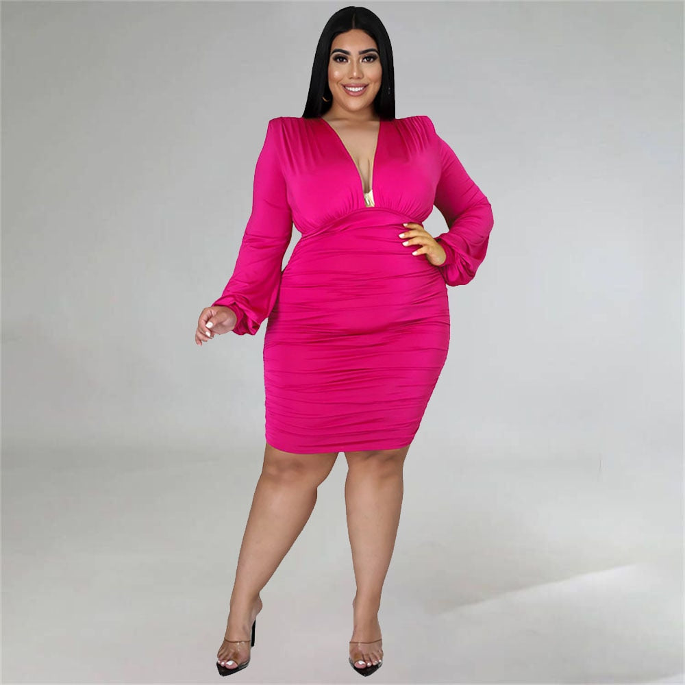 Aovica Plus Size Elegant Bodycon  Party Dress For Women V Neck Long Sleeve Skinny Knee Length Vestidos Office Lady Night Banquet