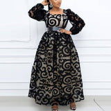 Aovica Women Large Dresses Elegant Vintage Flocking Tulle Black Print Ball Gowns Long Sleeve Maxi Dress for Birthday Party Spring 2022