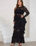Plus Size 2023 Fashion New Round Neck Long Sleeve Lace Slim Fit Wrap Hip Dress Ruffled Elegant Solid Color Dress