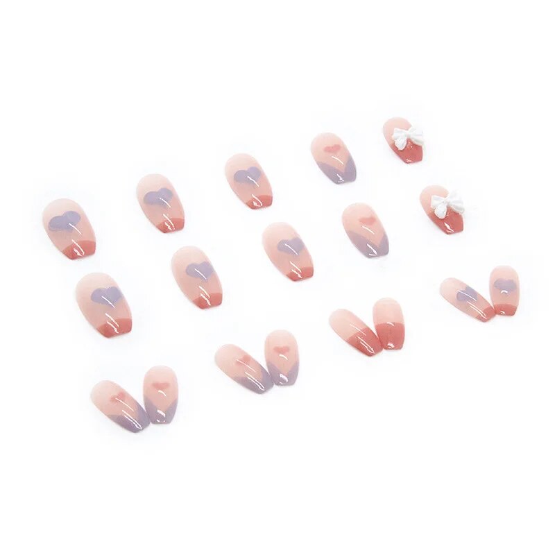 Aovica- 24Pcs/Set Short Ballet Fake Nails French Contracted Artistic Line Nail Arts Manicure Butterfly Heart False Nails With Design