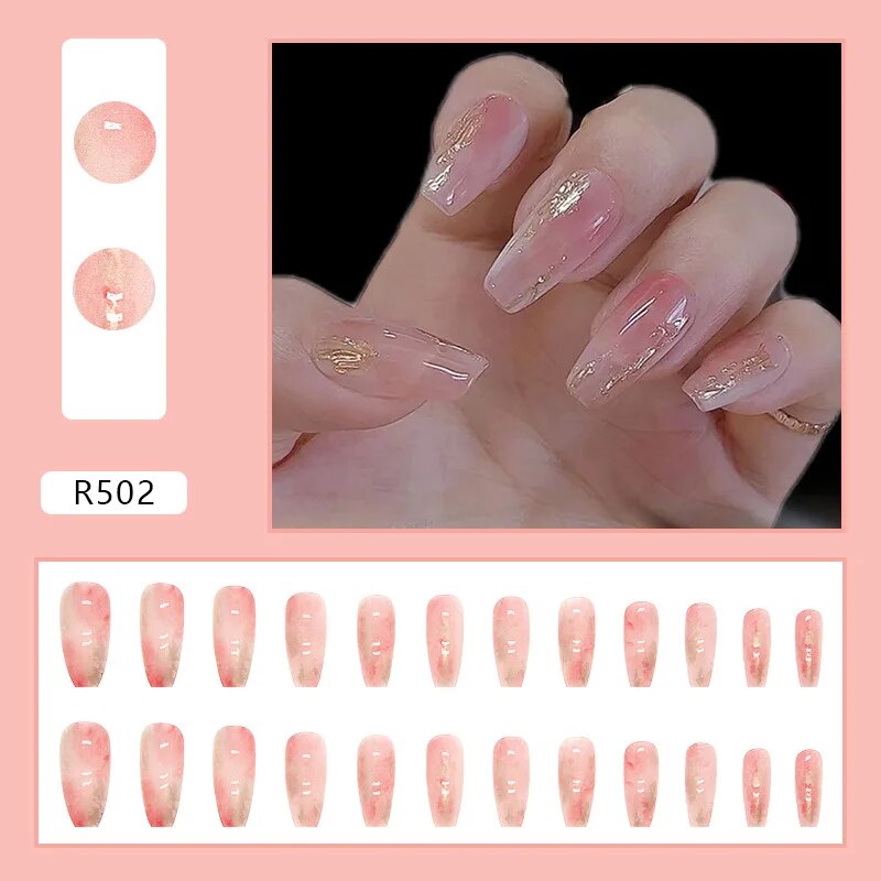 Aovica- Pink Simple Gradient Detachable Coffin False Nails Wearable Gold Foil Sequins Fake Nails Full Cover Nail Tips Press On Nails