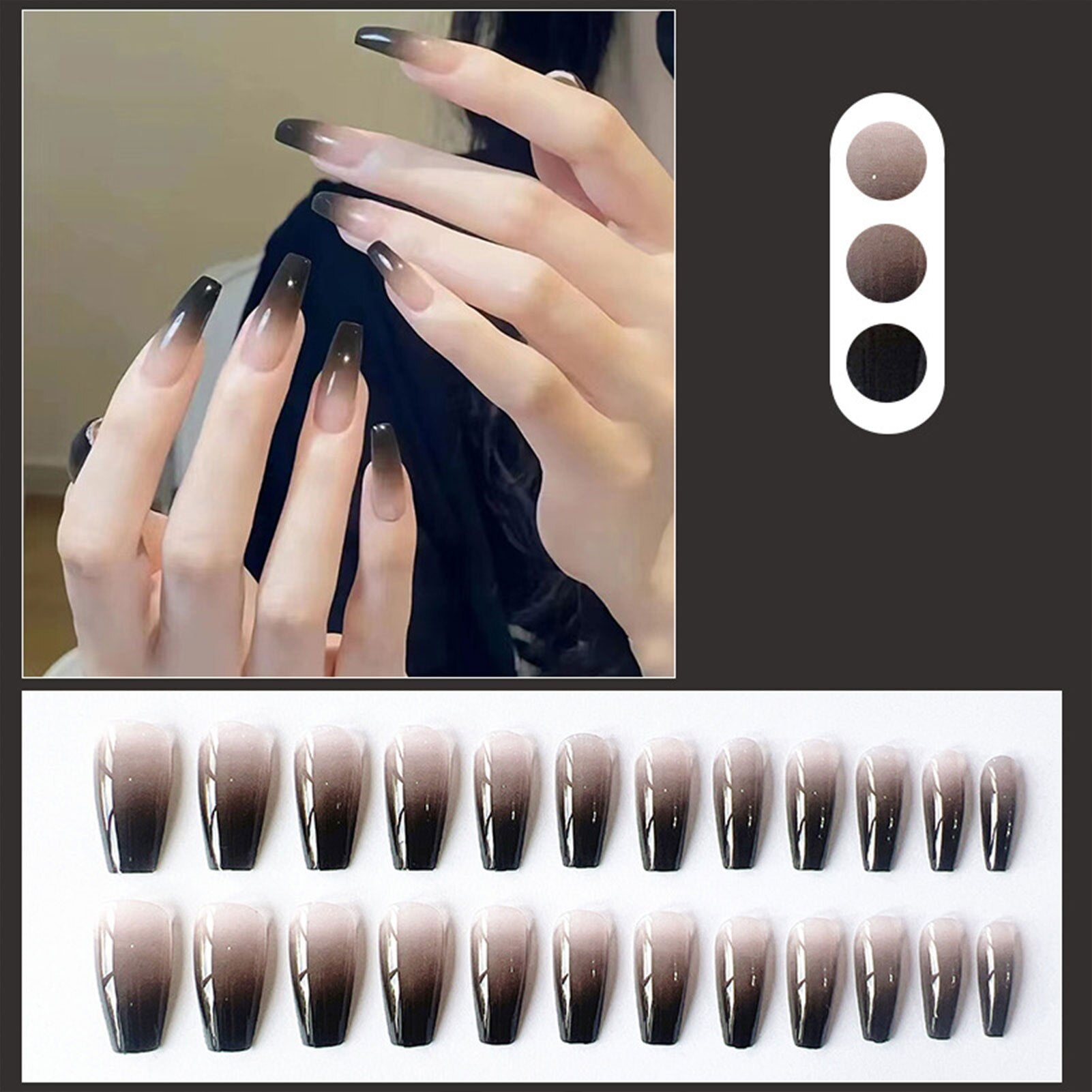 Aovica 24pcs Cool Girl False Nails Press On Long Coffin Square Ballet Nail Tips Full Cover Acrylic Fake Nail With Black Gradient Design