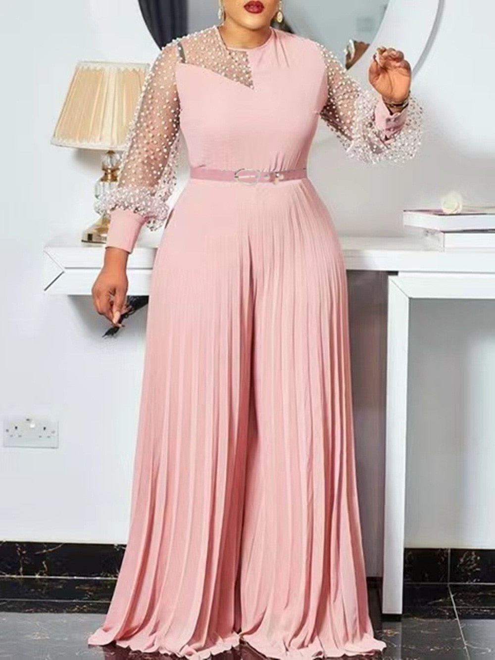 Aovica Plus Fashion S-5xl Fall Outfits Women Pink Fashion Plus Size Jumpsuit Slim Pleated Long Sleeve Rompers Elegant Clothes Wholesale