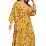 Aovica Plus Size Women Dress Retro Floral Print Deep V-Neck Split Thigh Dress  High Waist Maxi Dresses Free Shipping 4XL