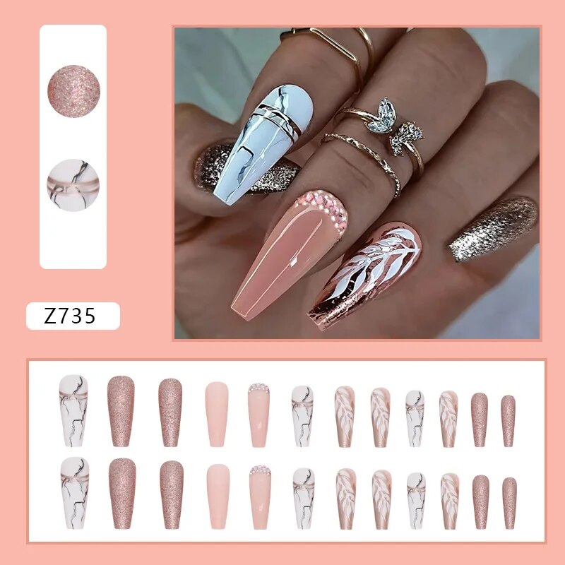 Aovica- 24pcs/Box Gradient Nail Art Patches False Nails Short Square Nail Blue Starry Glitter Teardrop Diamond Fake Nail Tips