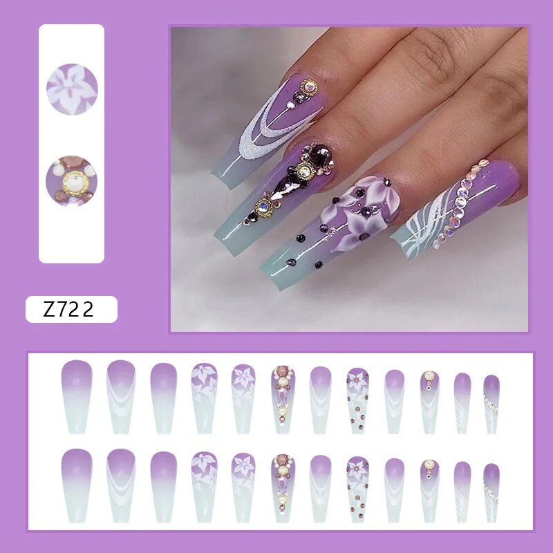 Aovica- 24pcs/Box Gradient Nail Art Patches False Nails Short Square Nail Blue Starry Glitter Teardrop Diamond Fake Nail Tips