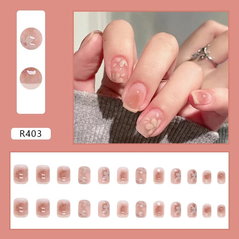 Aovica- 24pcs/Box Detachable Coffin False Nails Wearable Short Square Pink Flowers Fake Nails Full Cover Nail Tips Press On Nails