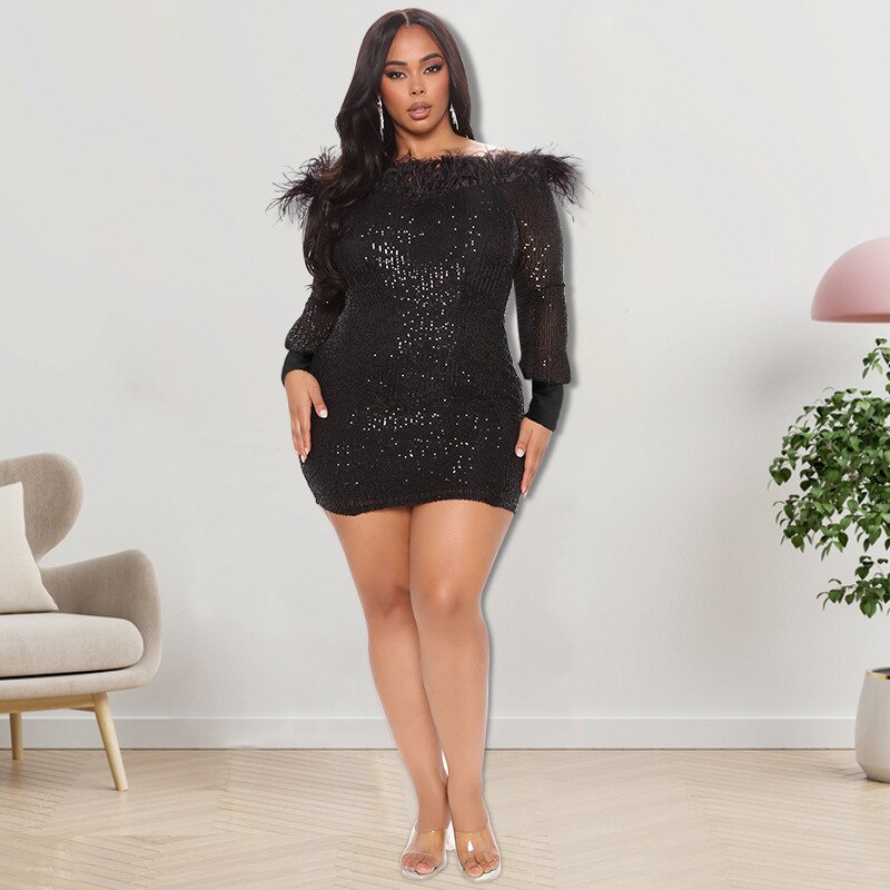 Aovica Plus Size Feather Sequins Party Mini Dress Autumn Slash Neck Skinny Short Vestidos Night Club  Christmas Chic Robes