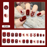 Aovica- Wine Red Checkerboard Fake Nails Art Nail Tips Press on False Nail Set Full Cover Artificial Short Head 24pcs/pack