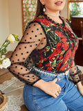 Aovica Office Lady Blouse Plus Size Women Shirt 2023 Summer Floral Rose Print Hollow Out Outfits Causal Daily Oversize Clothing