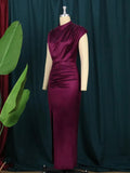Aovica- Women Dress Pleated Long Wine Red Elegant Slit High Collar Slim Fit Sleeveless Maxi Robes Female Shiny Gowns Party 2023 Spring