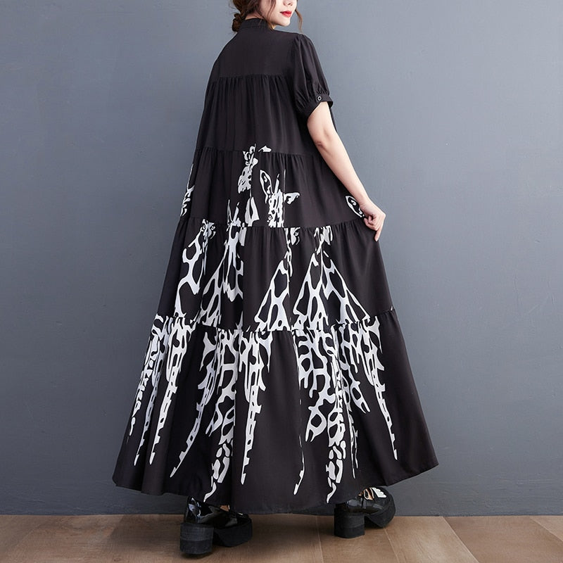 Aovica Early Autumn New Dress Japanese Inspired Poly Loose Cut Short Sleeves Hem Maxi Dress Girl's Street Casual Dress