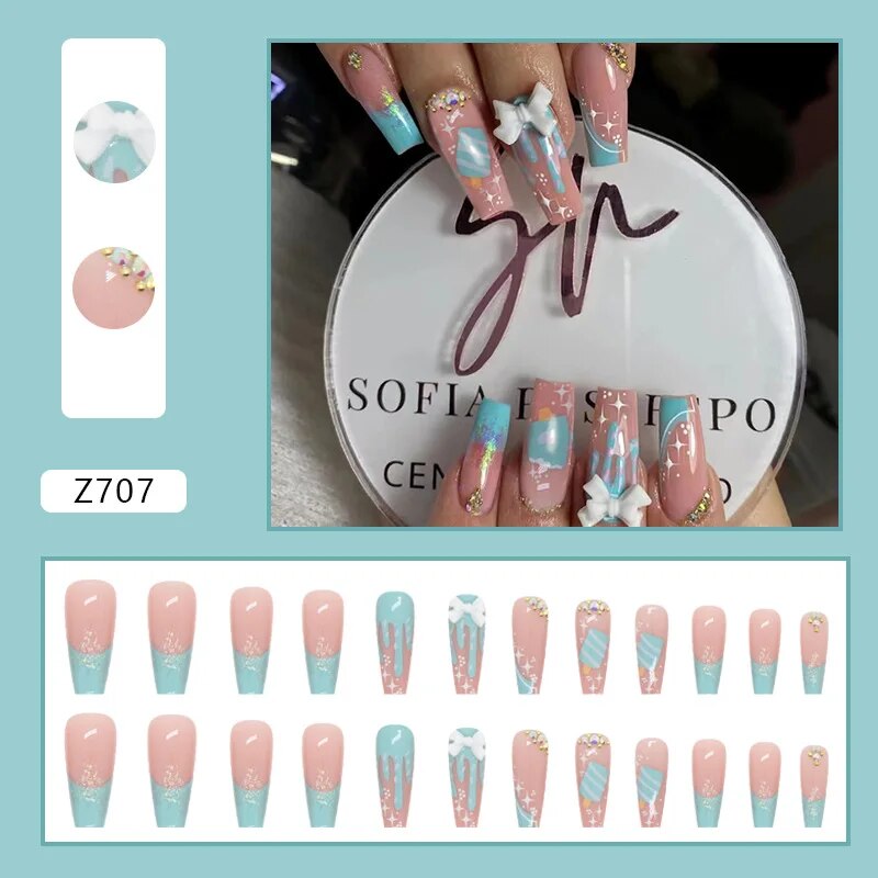 Aovica- 24pcs/Box Gradient Nail Art Patches False Nails Short Square Nail Blue Starry Glitter Teardrop Diamond Fake Nail Tips