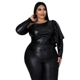 Aovica PU Leather Plus Size Crop Top Women Clothing 5XL Long Sleeve Stretch Blouses 2023  Bodycon Fashion Wear Urban Commute