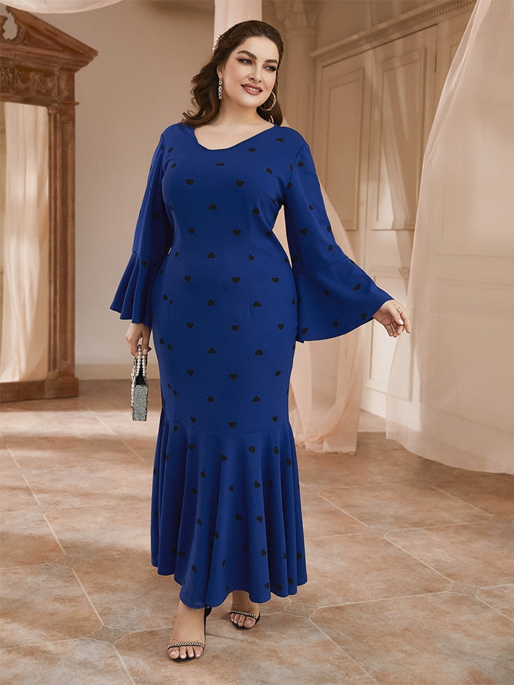 Aovica Plus Size Women Chic And Elegant Maxi Dress 2023 Autumn Long Sleeve Oversize Clothing With Love Print Blue Draped Outfits