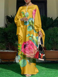 Aovica Dress  2023 Women O-Neck Long Sleeve Satin Slik Dress Vintage Floral Printed Sundress Bohemian Vestidos Plus Size
