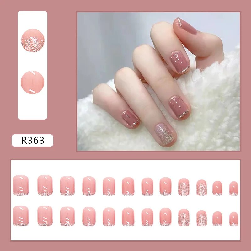 Aovica- 24pcs/box Press On False Nails Cute Nail Art Wearable Fake Nails Short Square Shiny Pink With Wearing Tools As Gift