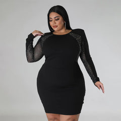 Aovica Plus Size Diamonds Sheer Mesh Patchwork Mini Dress Long Sleeve Bodycon Vestidos Autumn Night Party Club Elegant Robes